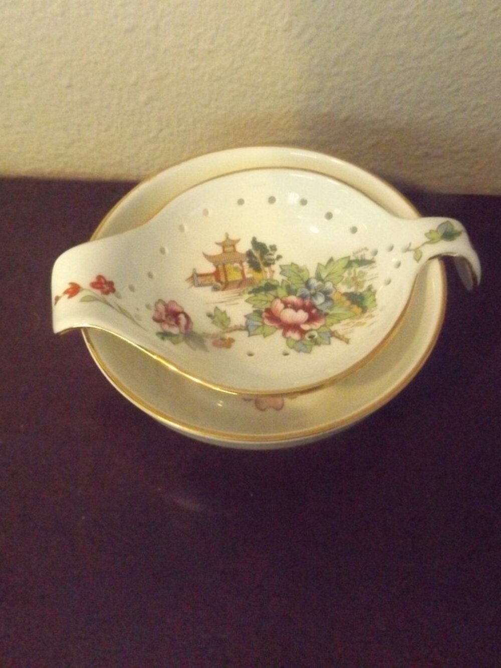 Vintage Crown Staffordshire Pagoda Tea Bag Strainer and Bowl